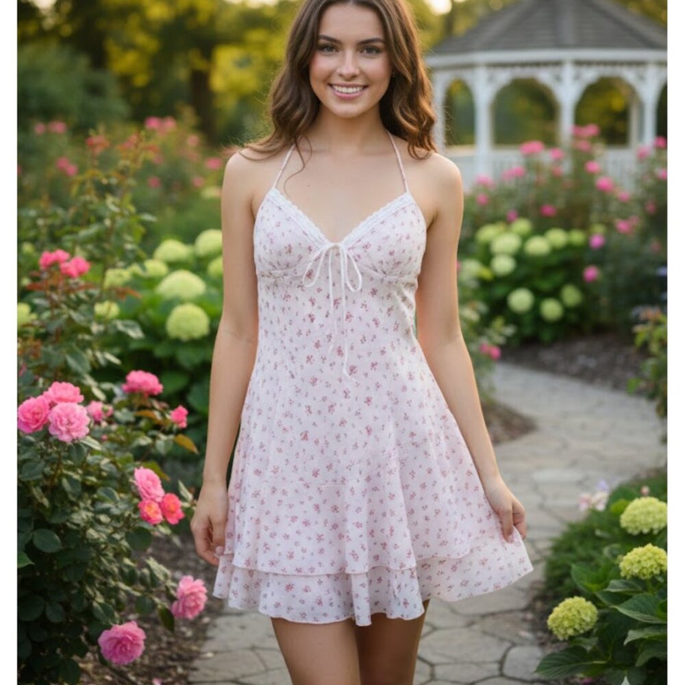 Pink Floral Mini Dress Femini Size L Bear Dance